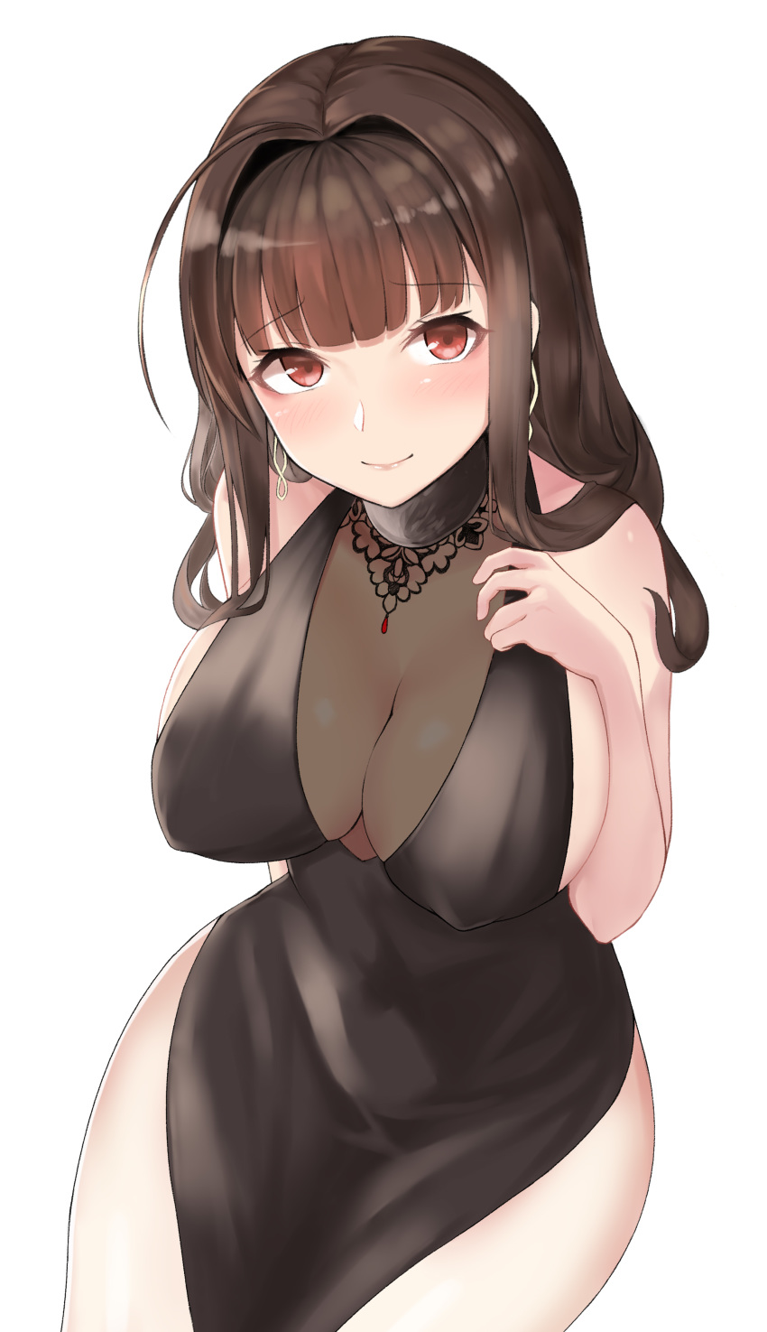 1girl absurdres ahoge arm_behind_back bangs black_dress blunt_bangs blush boxreeema breasts brown_hair cleavage closed_mouth covered_nipples dress dsr-50_(girls_frontline) earrings evening_gown eyebrows_visible_through_hair eyelashes girls_frontline halter_dress hand_on_own_chest hand_up highres jewelry large_breasts legs_together light_smile lips long_hair looking_at_viewer no_bra pelvic_curtain raised_eyebrows red_eyes shiny shiny_hair sidelocks simple_background sitting sleeveless sleeveless_dress smile solo thighs white_background