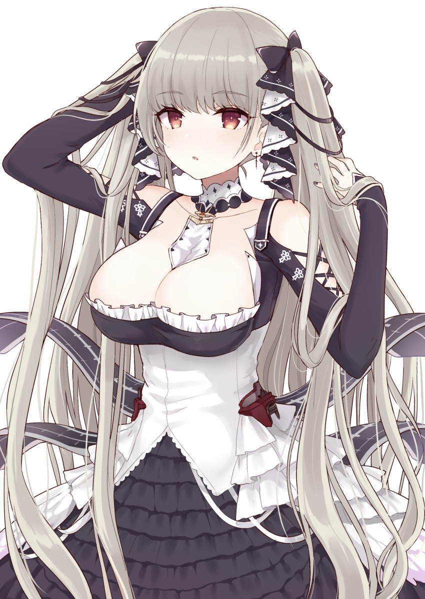 1girl arm_up azur_lane between_breasts black_dress bow breasts brown_eyes cleavage collarbone detached_collar dress earrings formidable_(azur_lane) frilled_dress frills grey_hair hair_bow hand_up highres isao_(wasamoti) jewelry large_breasts long_hair long_sleeves looking_at_viewer maid nail_polish solo twintails upper_body very_long_hair