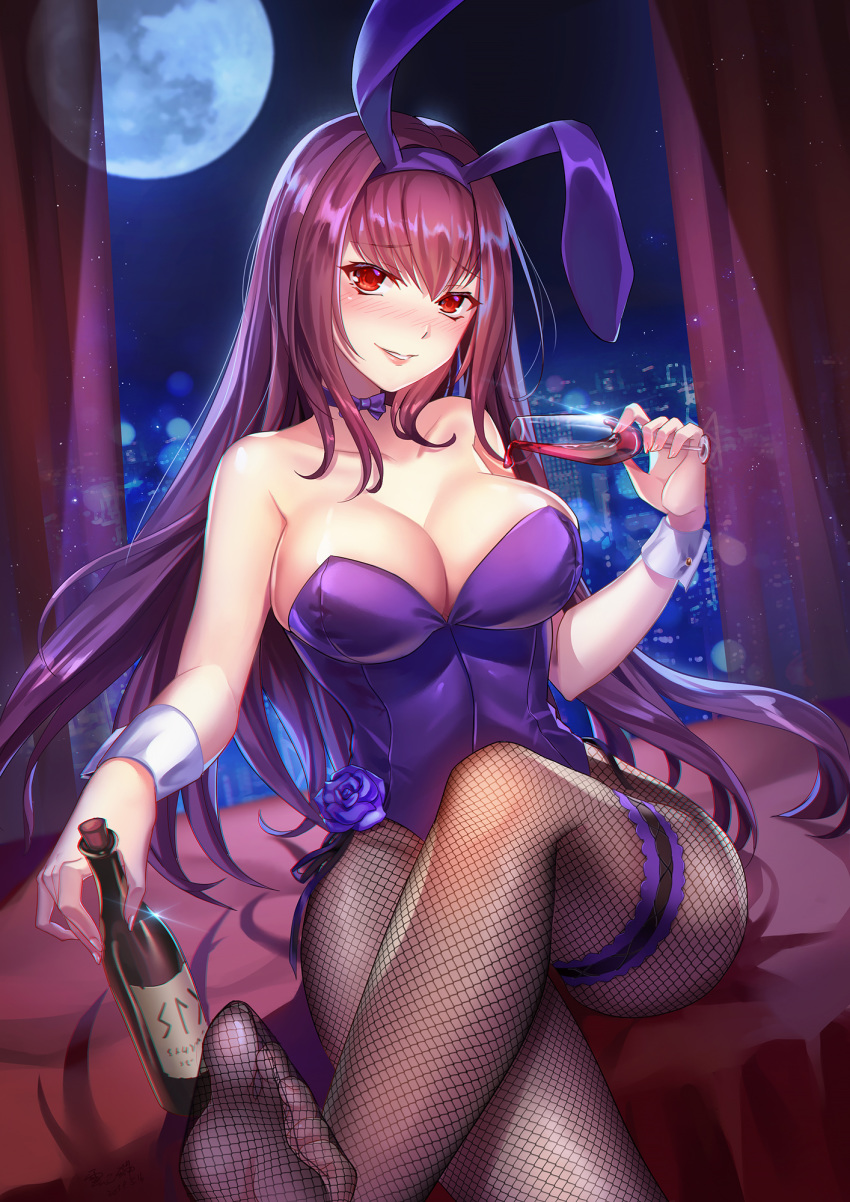 1girl alcohol animal_ears bangs bare_shoulders blurry blurry_background blush bokeh bottle breasts bunny_ears bunnysuit cityscape cleavage collarbone commentary_request crossed_legs cup depth_of_field eyebrows_visible_through_hair fake_animal_ears fate/grand_order fate_(series) feet fishnet_legwear fishnets foot_up full_moon glint hair_between_eyes highres holding holding_bottle holding_cup indoors lalazyt large_breasts leg_garter leotard long_hair looking_at_viewer moon night no_shoes pantyhose parted_lips pouring purple_hair purple_leotard purple_lips red_eyes revision scathach_(fate)_(all) scathach_(fate/grand_order) sidelocks sitting smile solo strapless strapless_leotard thighs toes very_long_hair window wrist_cuffs