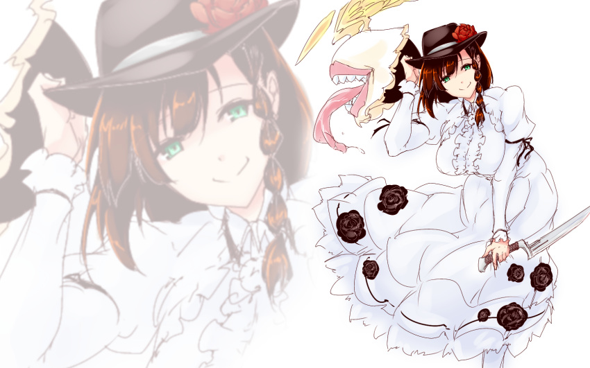 1girl black_flower black_rose breasts brown_hair charlotte_corday_(fate/grand_order) dress fate/grand_order fate_(series) flower flower_hat green_eyes hat hat_flower highres holding holding_knife juliet_sleeves karakure_(kamo-nanban) knife large_breasts long_dress long_sleeves looking_at_viewer puffy_sleeves rose slash solo