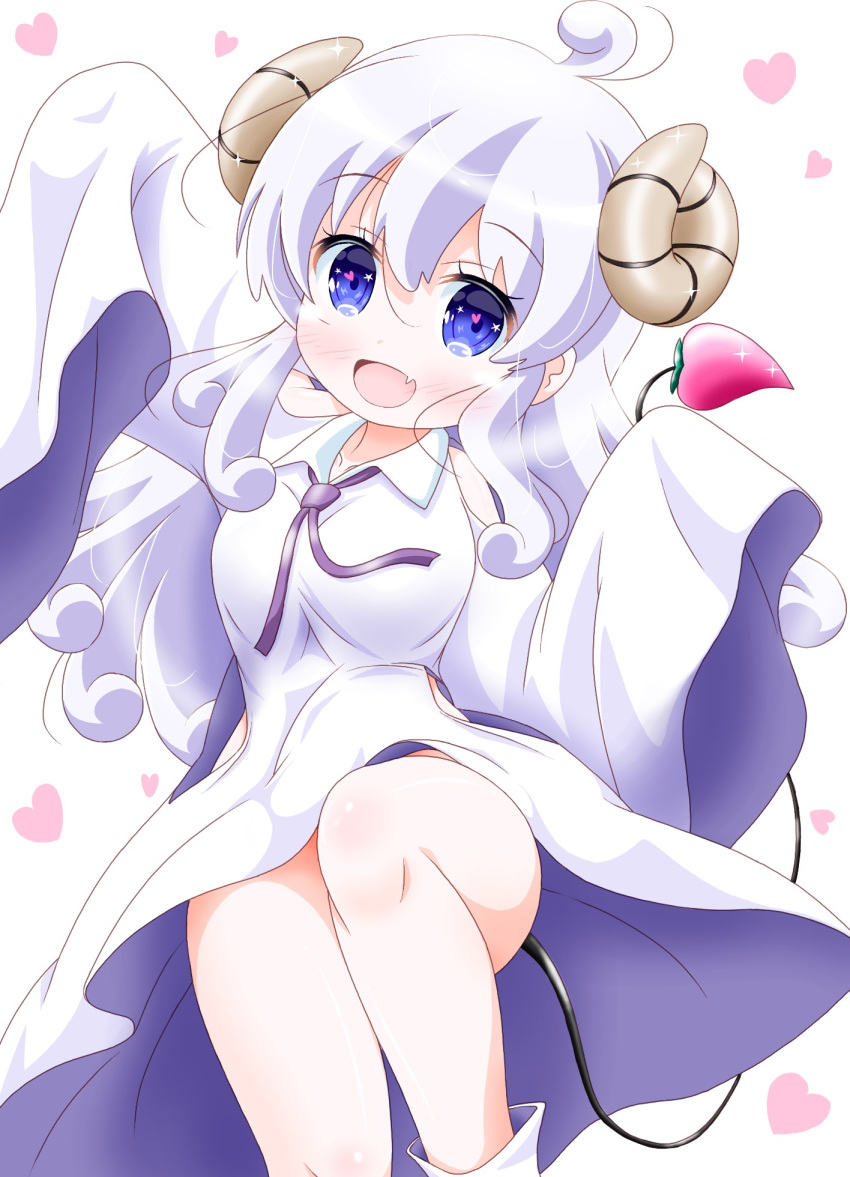 1girl :d ahoge blue_eyes blush commentary_request demon_horns demon_tail dress eyebrows_visible_through_hair fang hair_between_eyes heart heart_in_eye highres horns imai_kazunari leg_up lilith_(machikado_mazoku) looking_at_viewer machikado_mazoku necktie open_mouth purple_neckwear sleeves_past_fingers sleeves_past_wrists smile solo sparkle star star_in_eye symbol_in_eye tail tears white_background white_dress wide_sleeves