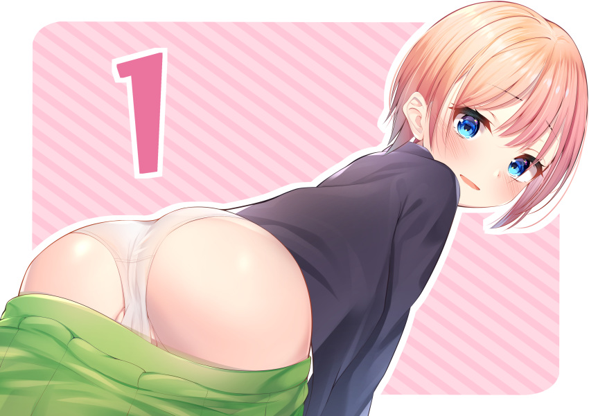1girl absurdres ass back bangs bent_over blue_eyes blush border butt_crack cardigan clothes_removed cowboy_shot eyebrows_visible_through_hair eyes_visible_through_hair from_behind go-toubun_no_hanayome green_skirt hair_between_eyes highres long_sleeves looking_at_viewer looking_back nakano_ichika nari_(narikashi) number open_mouth outline outside_border panties pantyshot patterned_background pleated_skirt purple_shirt red_hair shirt short_hair sidelocks skirt skirt_removed smile solo underwear undressing white_outline white_panties