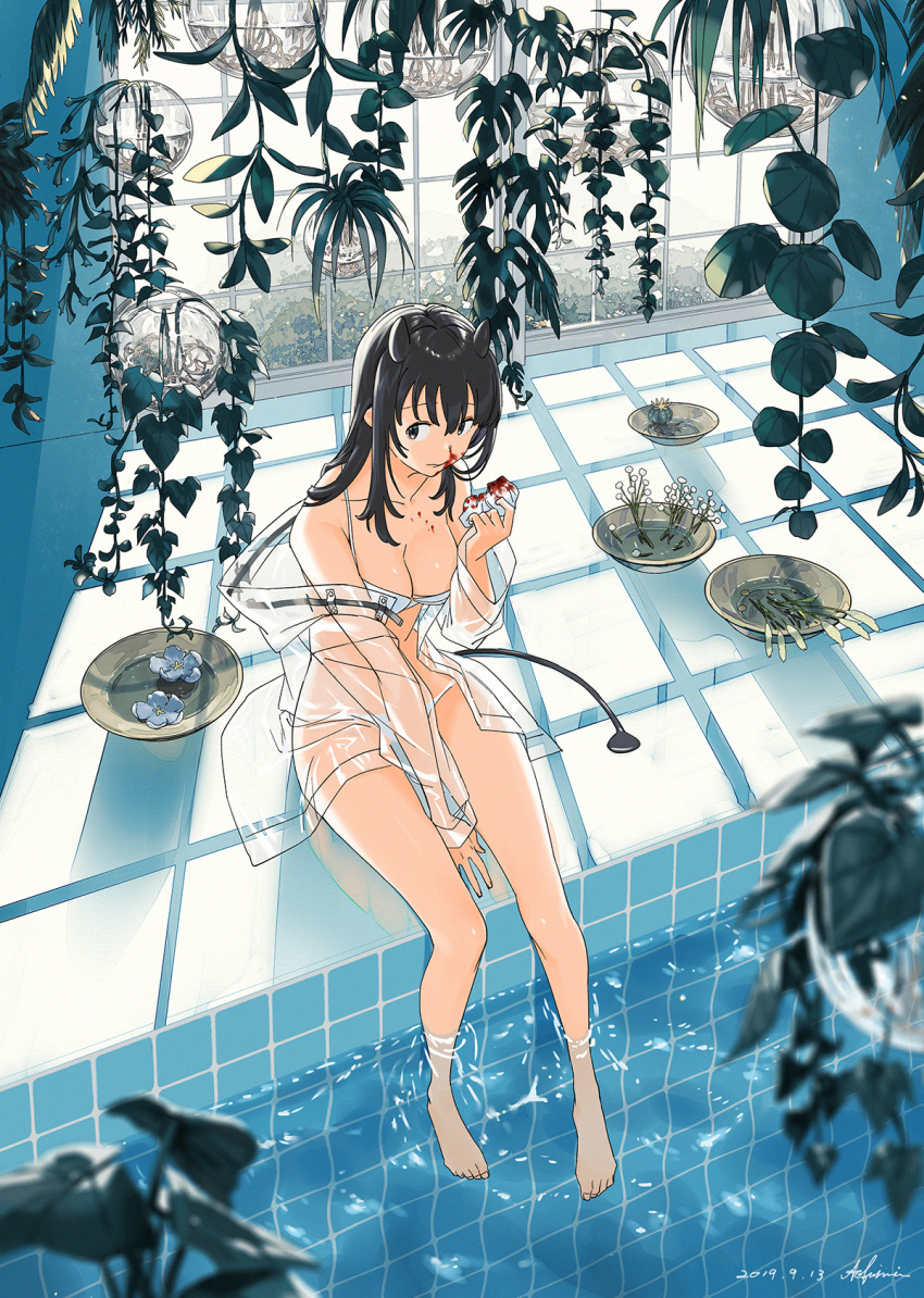 1girl ao_fujimori bare_legs bare_shoulders barefoot bikini black_eyes black_hair blood breasts cleavage commentary_request day hanging_plant highres horns indoors large_breasts long_hair nosebleed original plant pool potted_plant shadow sitting solo sunlight swimsuit tail transparent_jacket water white_bikini window