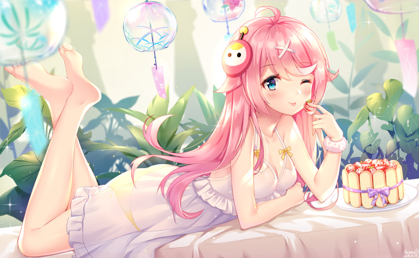 barefoot blue_eyes cake food ju_topia long_hair original pink_hair waifu2x