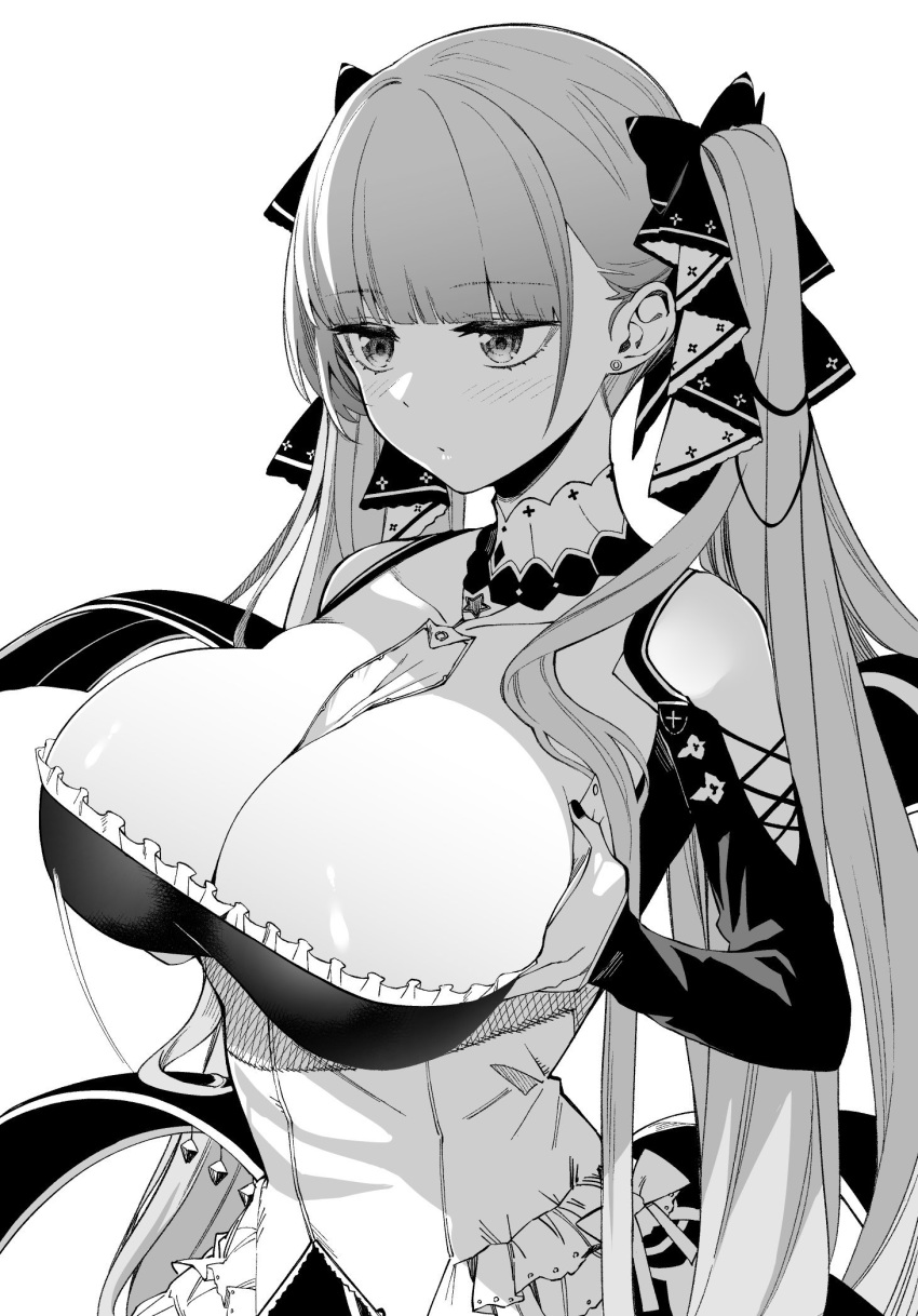 azur_lane bangs between_breasts breast_hold breasts byte_(allbyte) cleavage dress formidable_(azur_lane) frilled_dress frills hair_ribbon highres large_breasts monochrome ribbon twintails upper_body