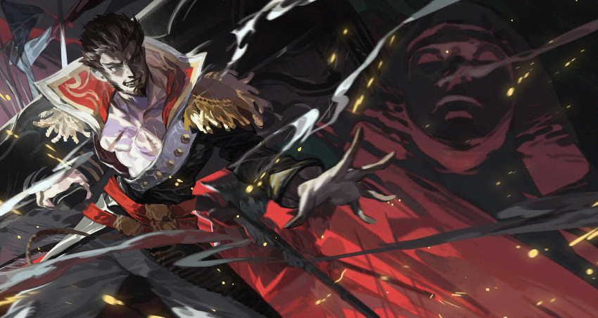 1boy bara beard blue_eyes brown_hair bulge chest collared_jacket epaulettes facial_hair fate/grand_order fate_(series) highres huge_weapon long_sleeves male_focus military military_uniform muscle napoleon_bonaparte_(fate/grand_order) open_clothes pants pectorals scar smile smirk solo teeth thighs uniform weapon yotsuyu
