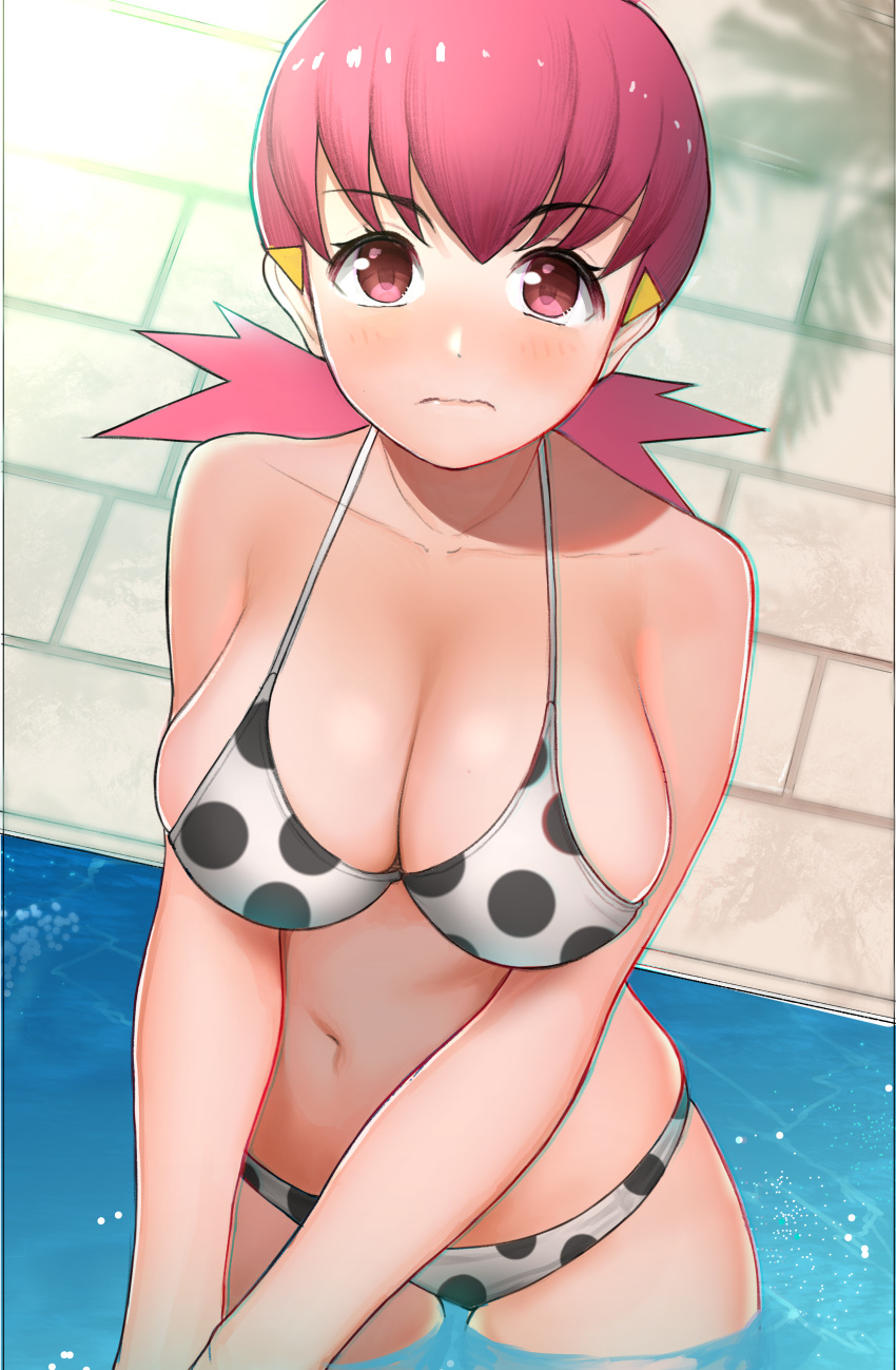 1girl absurdres akane_(pokemon) bangs bare_shoulders bikini black_bikini blush breasts cleavage collarbone commentary_request eyebrows_visible_through_hair from_above frown gatchan gym_leader hair_ornament highres huge_filesize in_water large_breasts looking_at_viewer navel pink_eyes pink_hair pokemon solo swimsuit twintails water white_bikini