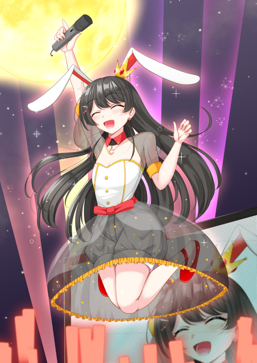 1girl animal_ears archienemy arm_up black_hair blush bunny_ears closed_eyes crescent_moon crown earrings eyebrows_visible_through_hair flat_chest full_moon highres holding holding_microphone jewelry jumping long_hair microphone mini_crown moon night night_sky nijisanji open_mouth screen see-through see-through_sleeves short_sleeves sky smile solo tsukino_mito virtual_youtuber