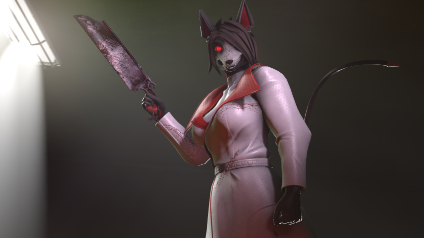 16:9 3d_(artwork) blood bodily_fluids canid canine canis clothed clothing digital_media_(artwork) female hi_res holding_object irondragon5150 mammal saw smile solo source_filmmaker tools wolf