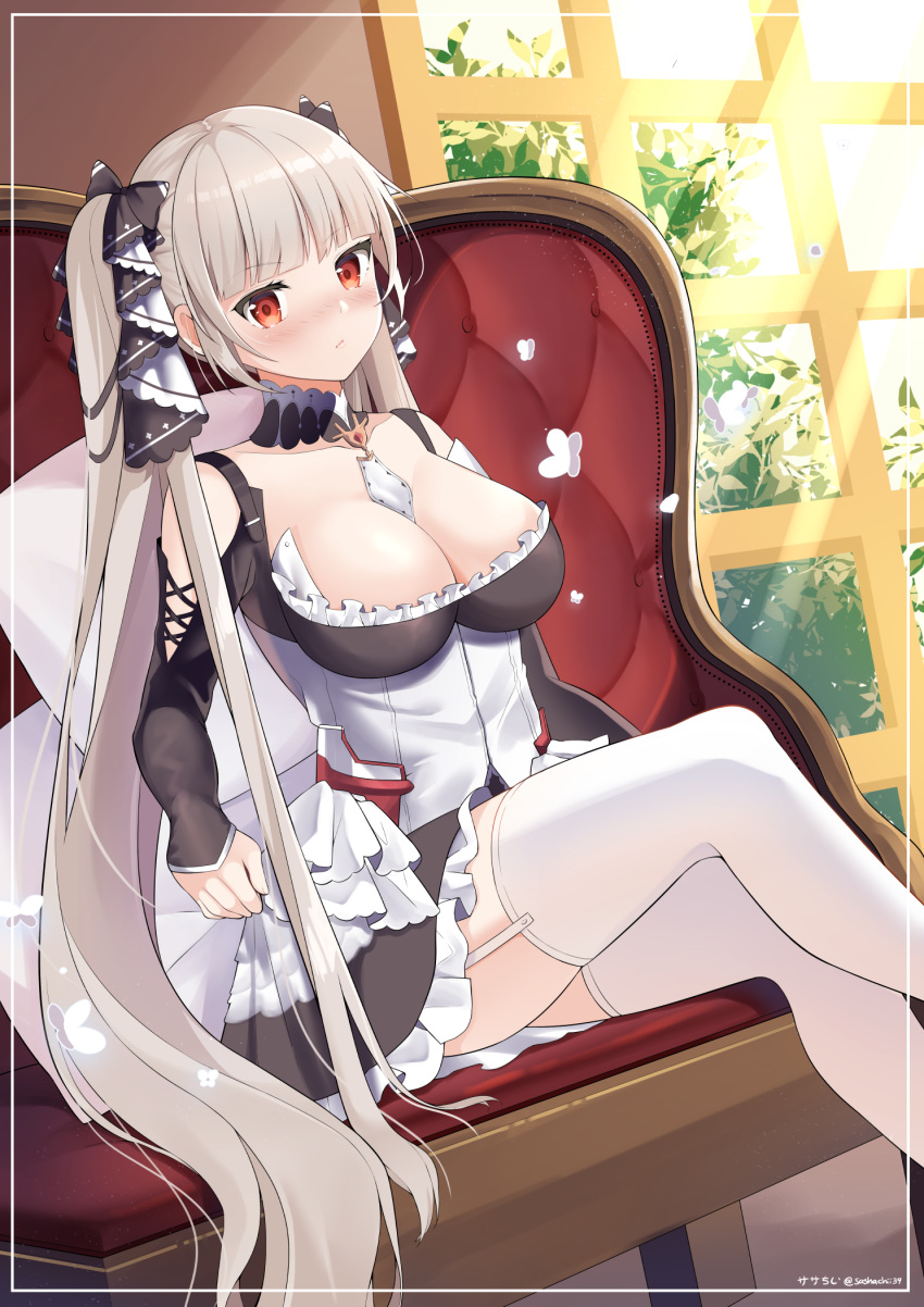 1girl azur_lane between_breasts blush bow breasts chair cleavage closed_mouth collarbone commentary_request day detached_collar dress formidable_(azur_lane) frame frilled_dress frills garter_straps hair_bow highres large_breasts light_rays long_hair long_sleeves looking_at_viewer maid nose_blush red_eyes sasha_chii sidelocks silver_hair sitting solo sunbeam sunlight thighhighs twintails very_long_hair white_legwear window