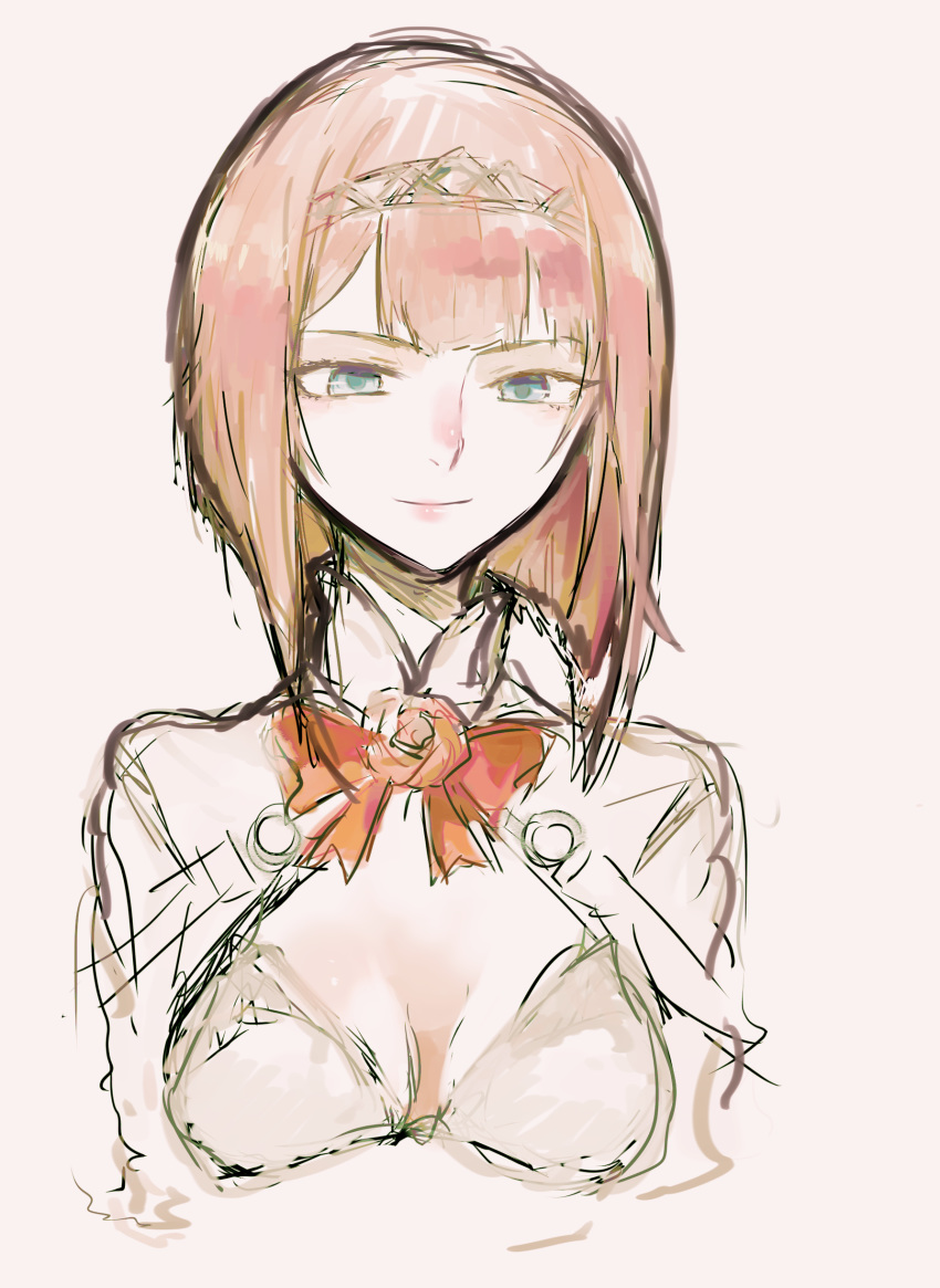 1girl absurdres agtt25333 ark_royal_(kantai_collection) bangs blue_eyes blunt_bangs bob_cut cleavage_cutout commentary_request flower hairband highres jacket kantai_collection long_sleeves pink_background red_flower red_hair red_ribbon red_rose ribbon rose short_hair sketch smile solo tiara tsurime upper_body