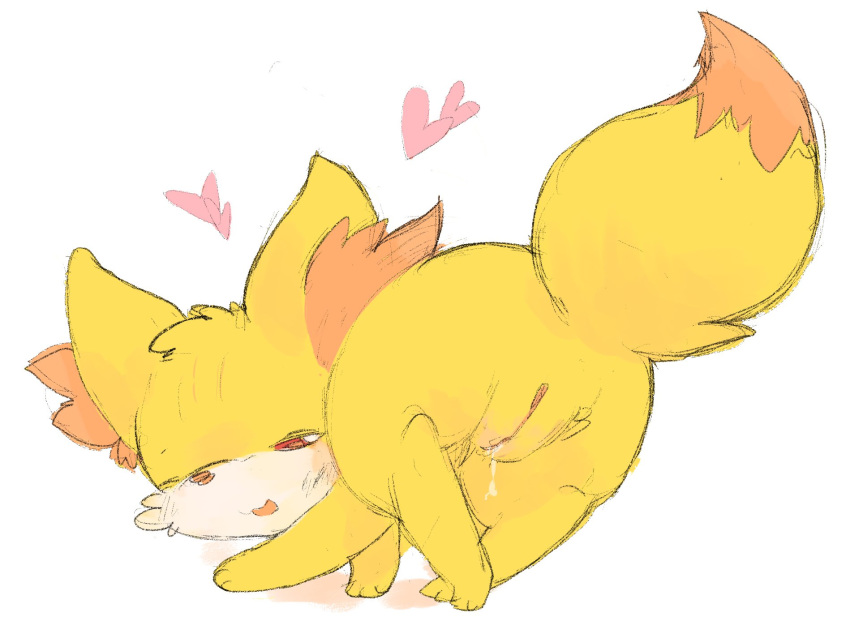 &lt;3 3_toes all_fours bodily_fluids chichien dipstick_tail female fennekin fluffy fluffy_tail fur genital_fluids hi_res inner_ear_fluff multicolored_tail nintendo open_mouth pok&eacute;mon pok&eacute;mon_(species) pussy pussy_juice raised_tail rear_view red_eyes red_fur simple_background sketch solo toes video_games white_fur yellow_fur