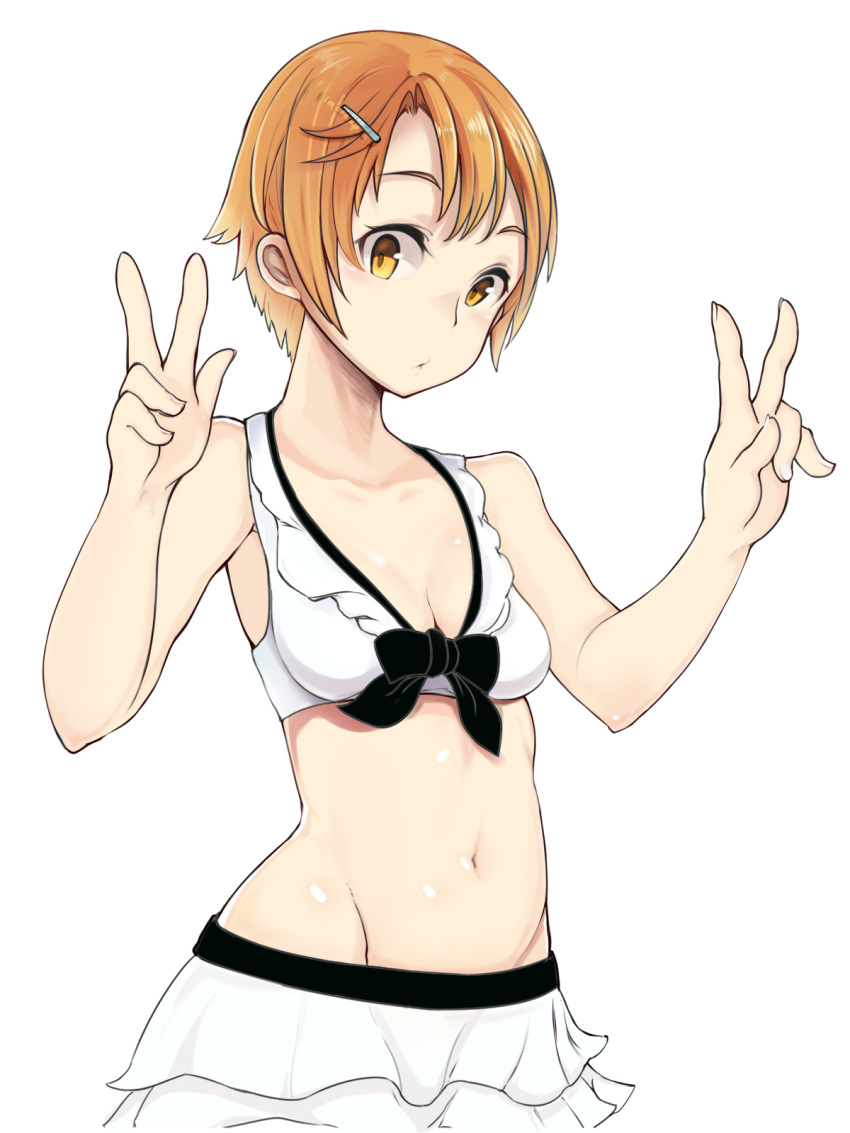 1girl bare_arms bare_shoulders bikini bikini_skirt black_bow bow breasts collarbone fingernails ginji74 groin hair_ornament hairclip hands_up highres navel orange_hair original short_hair simple_background small_breasts solo swimsuit white_background white_bikini yellow_eyes