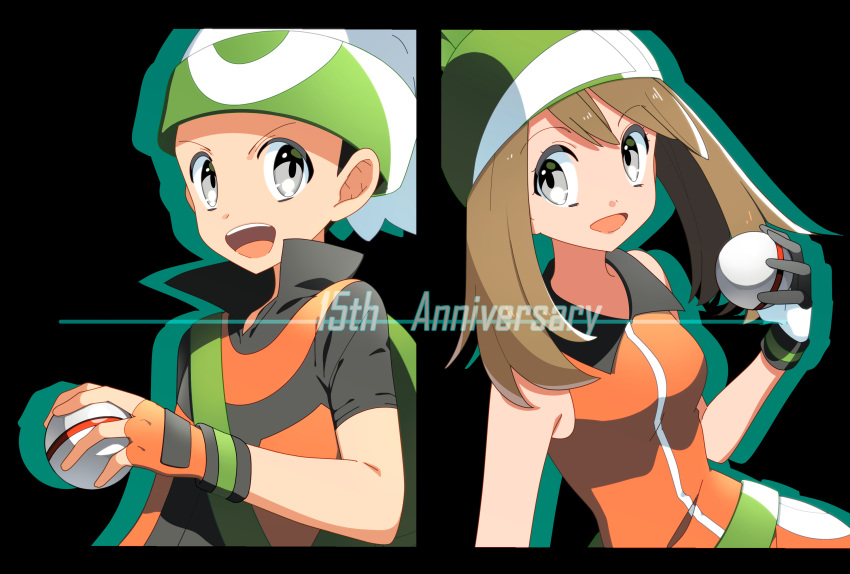 1boy 1girl backpack bag bandana bike_shorts breasts brown_hair english_text gloves haruka_(pokemon) highres holding holding_poke_ball open_mouth pants poke_ball pokemon pokemon_(game) pokemon_emerald pokemon_rse shirt short_sleeves sleeveless sleeveless_shirt yuihiko yuuki_(pokemon)