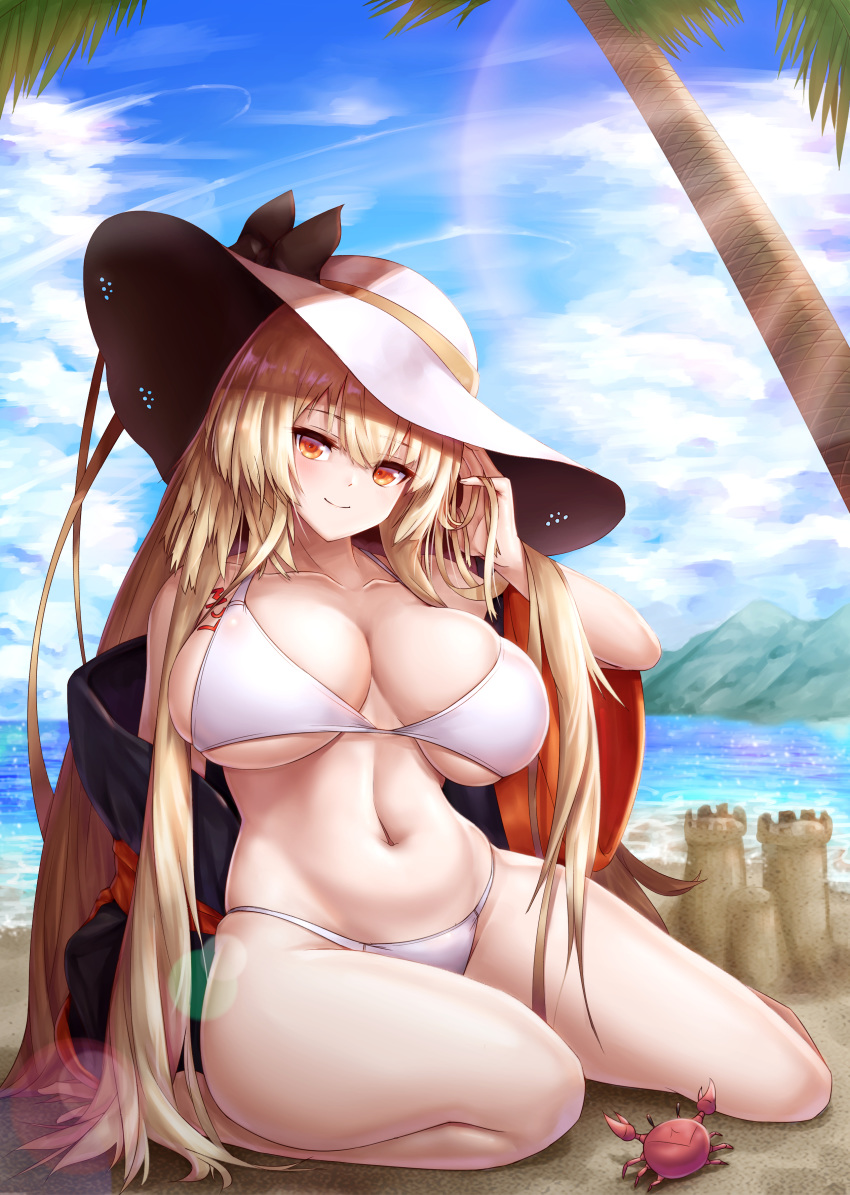 1girl absurdres alternate_costume arm_support bangs bare_shoulders bikini black_bow blue_sky blush body_writing bow breasts character_name cloud cloudy_sky collarbone crab day eyebrows_visible_through_hair girls_frontline hair_between_eyes hand_in_hair hand_up hat hat_bow hat_ribbon highres ithaca_m37_(girls_frontline) kkumdol lens_flare light_brown_hair long_hair looking_at_viewer navel ocean off_shoulder orange_eyes orange_ribbon outdoors palm_tree ribbon sand sand_castle sand_sculpture shiny shiny_hair sitting skindentation sky smile solo sunlight swimsuit thick_thighs thighs tree underboob very_long_hair white_bikini white_headwear wide_sleeves