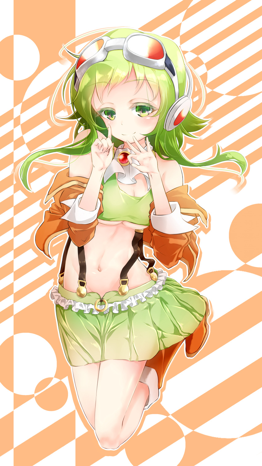 1girl absurdres bare_shoulders blush breasts brooch cleavage commentary_request crop_top full_body goggles goggles_on_head green_eyes green_hair green_skirt groin gumi hands_up headphones highres jacket jewelry legs_folded looking_at_viewer medium_breasts medium_hair midriff navel off-shoulder_jacket off_shoulder orange_jacket sazanka sidelocks skirt smile solo strap_gap suspender_skirt suspenders tinted_eyewear underboob vocaloid white-framed_eyewear