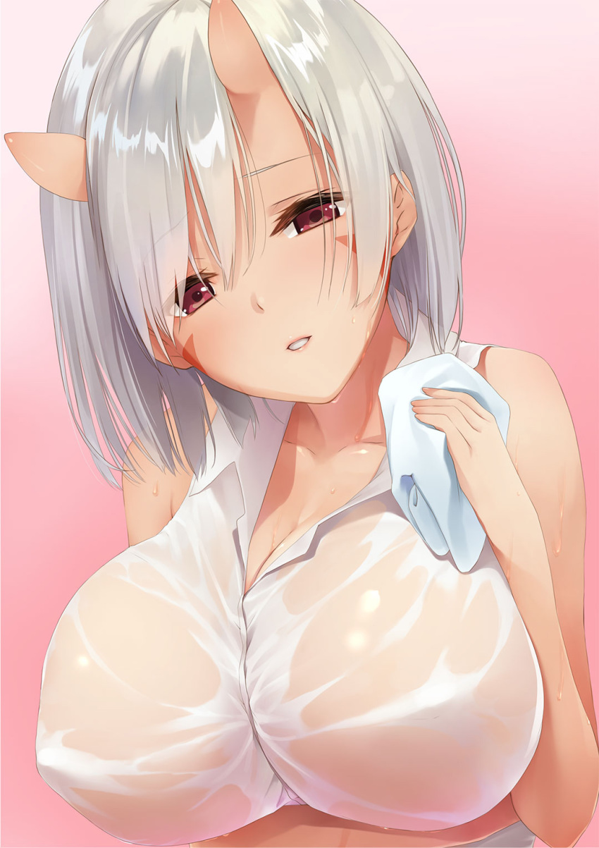 1girl bare_shoulders breasts cleavage highres holding holding_towel ichikawa_noa large_breasts looking_at_viewer oni oni_horns original pink_background red_eyes see-through shirt short_hair silver_hair simple_background sleeveless sleeveless_shirt solo towel upper_body wet wet_clothes