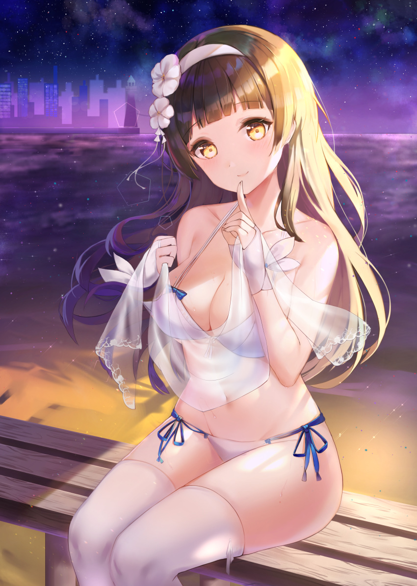 1girl absurdres alternate_costume bangs beach bikini black_hair blush breasts cleavage closed_mouth eyebrows_visible_through_hair finger_to_mouth flower girls_frontline gloves hair_flower hair_ornament hairband highres large_breasts long_hair looking_at_viewer meliyannn night qbz-95_(girls_frontline) shushing side-tie_bikini sitting sky smile solo star_(sky) starry_sky swimsuit thighhighs very_long_hair wet white_bikini white_gloves white_hairband white_legwear yellow_eyes