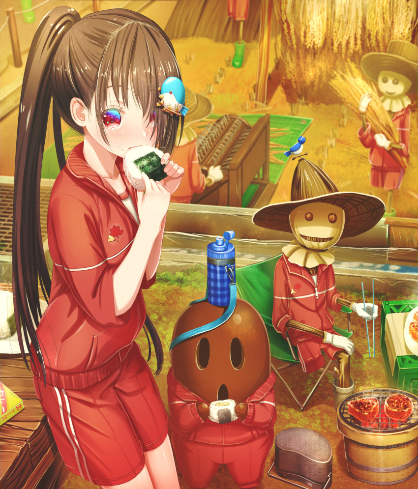 1girl abo_(kawatasyunnnosukesabu) bird_hair_ornament black_hair bottle chair chopsticks commentary_request crate day eating folding_chair food food_on_face gym_shorts hair_ornament hair_over_one_eye haniwa_(statue) harvest hat hibachi_(object) highres holding holding_food jacket long_hair looking_at_viewer machine onigiri original outdoors ponytail red_eyes red_jacket red_shorts scarecrow shorts sitting standing track_jacket water_bottle weather_vane wheat wheat_field
