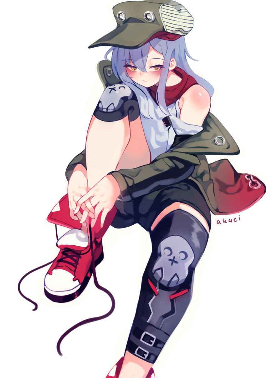 1girl aka--chi bandana bangs bare_shoulders black_shorts blush closed_mouth commentary eyebrows_visible_through_hair g11_(girls_frontline) girls_frontline green_jacket grey_hair hair_between_eyes hat highres jacket knee_pads knee_up looking_at_viewer off_shoulder shoes short_shorts shorts sidelocks sitting sneakers solo tank_top tying_shoes yellow_eyes