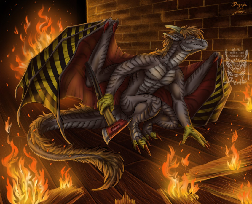 2019 3_toes 4_fingers anthro brown_hair claws digital_media_(artwork) dragon drerika fingers fire grey_scales hair horn male membrane_(anatomy) membranous_wings nude scales scalie solo toes western_dragon wings