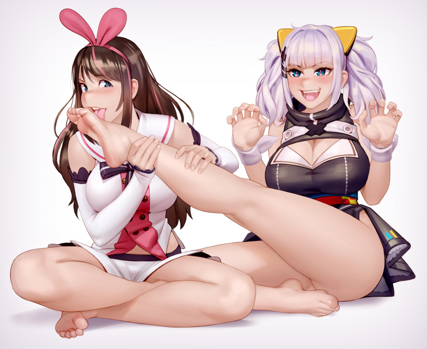 a.i._channel absurdres bare_shoulders breasts brown_hair cleavage detached_sleeves feet foot_licking grey_background hairband highres indian_style kaguya_luna kairuhentai kizuna_ai licking long_hair pink_hairband sailor_collar short_shorts shorts silver_hair sitting the_moon_studio virtual_youtuber white_shorts wristband