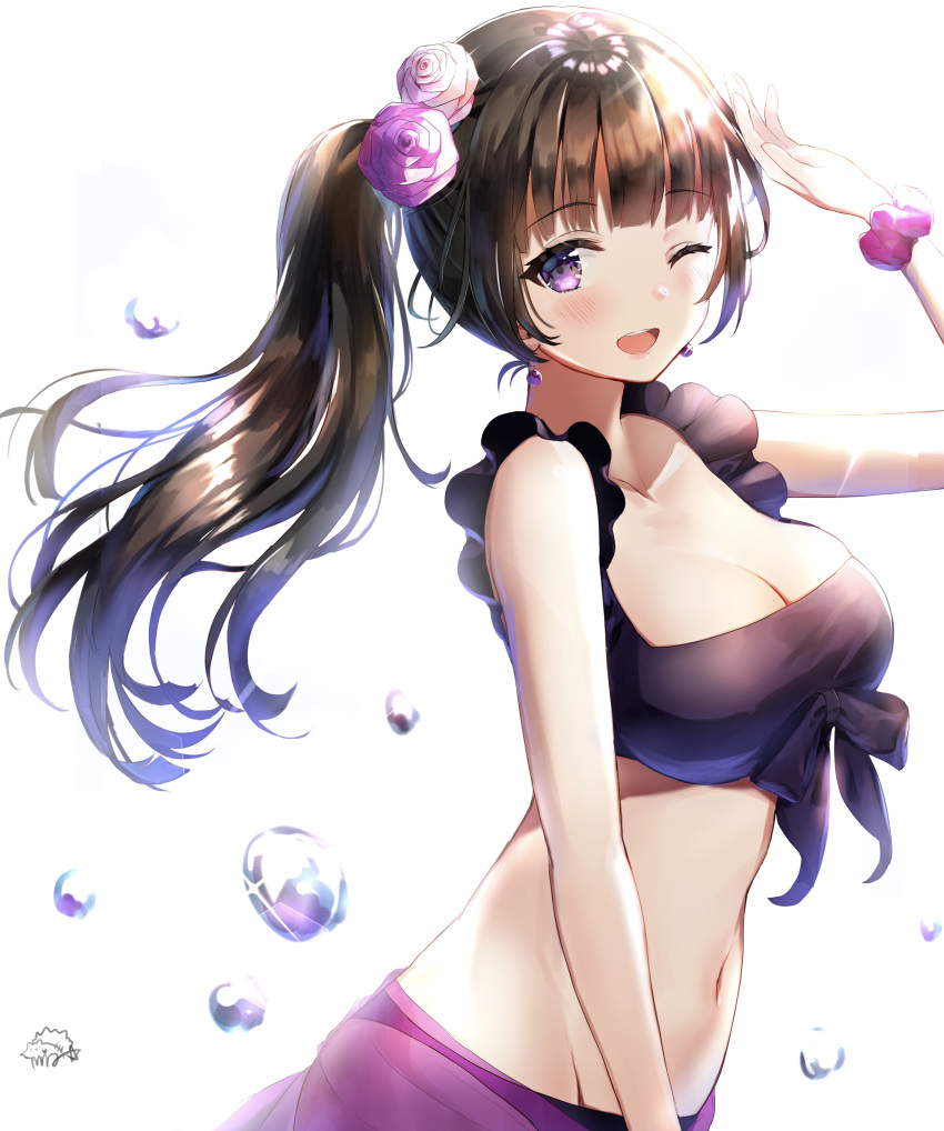 1girl ;d absurdres arm_up bang_dream! bangs bikini black_bikini black_bow black_hair blunt_bangs bow bow_swimsuit breasts cleavage collarbone cowboy_shot earrings eyebrows_visible_through_hair flower from_side groin hair_flower hair_ornament highres jewelry large_breasts light_rays long_hair looking_at_viewer mia_(fai1510) midriff navel one_eye_closed open_mouth purple_eyes purple_flower purple_rose purple_scrunchie rose sarong scrunchie see-through shading_eyes shirokane_rinko side_ponytail signature simple_background smile solo sparkle stomach sunbeam sunlight swimsuit translucent_sarong water_drop white_background white_flower white_rose wrist_scrunchie