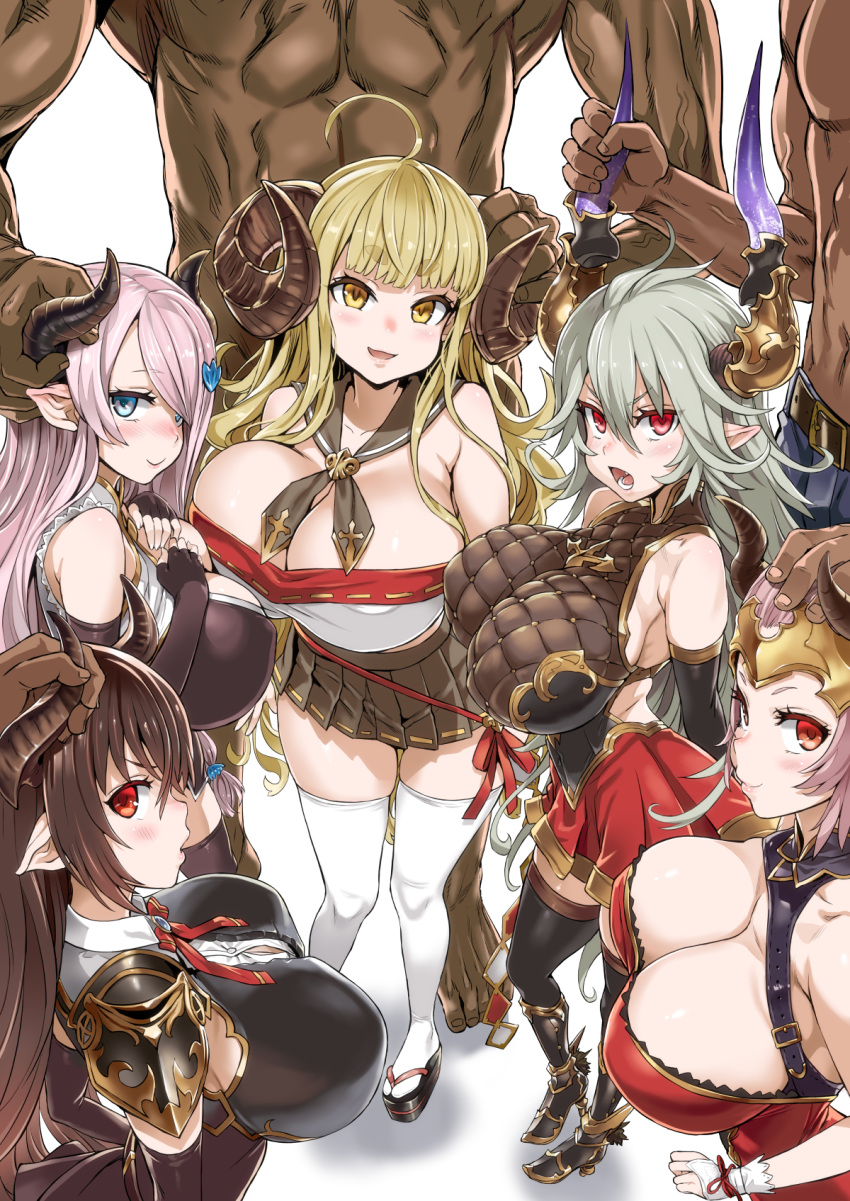 2boys 5girls aliza_(granblue_fantasy) anila_(granblue_fantasy) antenna_hair asanagi bare_shoulders bikini black_gloves blonde_hair breasts brown_hair circlet cleavage draph fantia_reward forte_(shingeki_no_bahamut) gloves granblue_fantasy hair_over_one_eye highres horn_ornament horns huge_breasts lavender_hair long_hair looking_at_viewer multiple_boys multiple_girls narmaya_(granblue_fantasy) paid_reward pink_hair pointy_ears sideboob simple_background skindentation skirt smile swimsuit thalatha_(granblue_fantasy) thick_thighs thighhighs thighs white_background white_bikini white_legwear