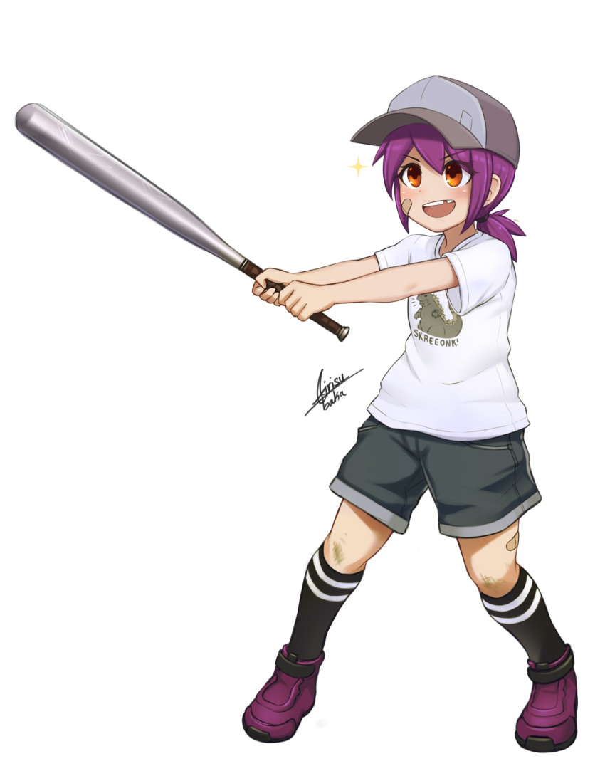 1girl airisubaka baseball_bat black_legwear blush brown_shorts cap child commentary eyebrows_visible_through_hair full_body hair_between_eyes highres holding_baseball_bat leah_(airisubaka) looking_at_viewer missing_tooth open_mouth ponytail purple_footwear purple_hair shirt shoes shorts simple_background smile socks solo teeth white_background white_shirt