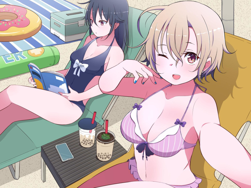 2girls ;d back_cutout bangs beach_chair beach_towel bikini black_hair blue_nails bow bowtie breasts brown_eyes brown_hair bubble_tea cellphone cleavage cooler cup day english_text facebook facebook-san hair_between_eyes hair_flaps halterneck hand_on_own_face highres holding_magazine innertube instagram instagram-san large_breasts long_hair looking_at_viewer medium_breasts multiple_girls nail_polish one-piece_swimsuit one_eye_closed open_mouth outdoors personification phone pink_bikini reading self_shot short_hair sitting smartphone smile swimsuit towel tsukigi twitter-san