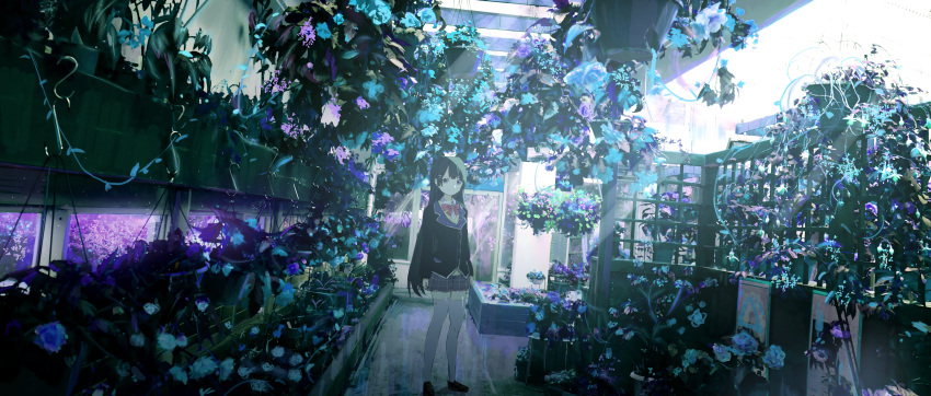 1girl absurdres bangs black_footwear black_hair black_jacket blazer blue_flower bow closed_mouth collared_shirt commentary day english_commentary flower grey_skirt hair_ornament hairclip highres huge_filesize indoors jacket kumamoto_nomii-kun long_hair looking_at_viewer nijisanji purple_eyes purple_flower red_bow shirt shoes skirt smile solo standing sunlight thighhighs tsukino_mito very_long_hair virtual_youtuber white_legwear white_shirt