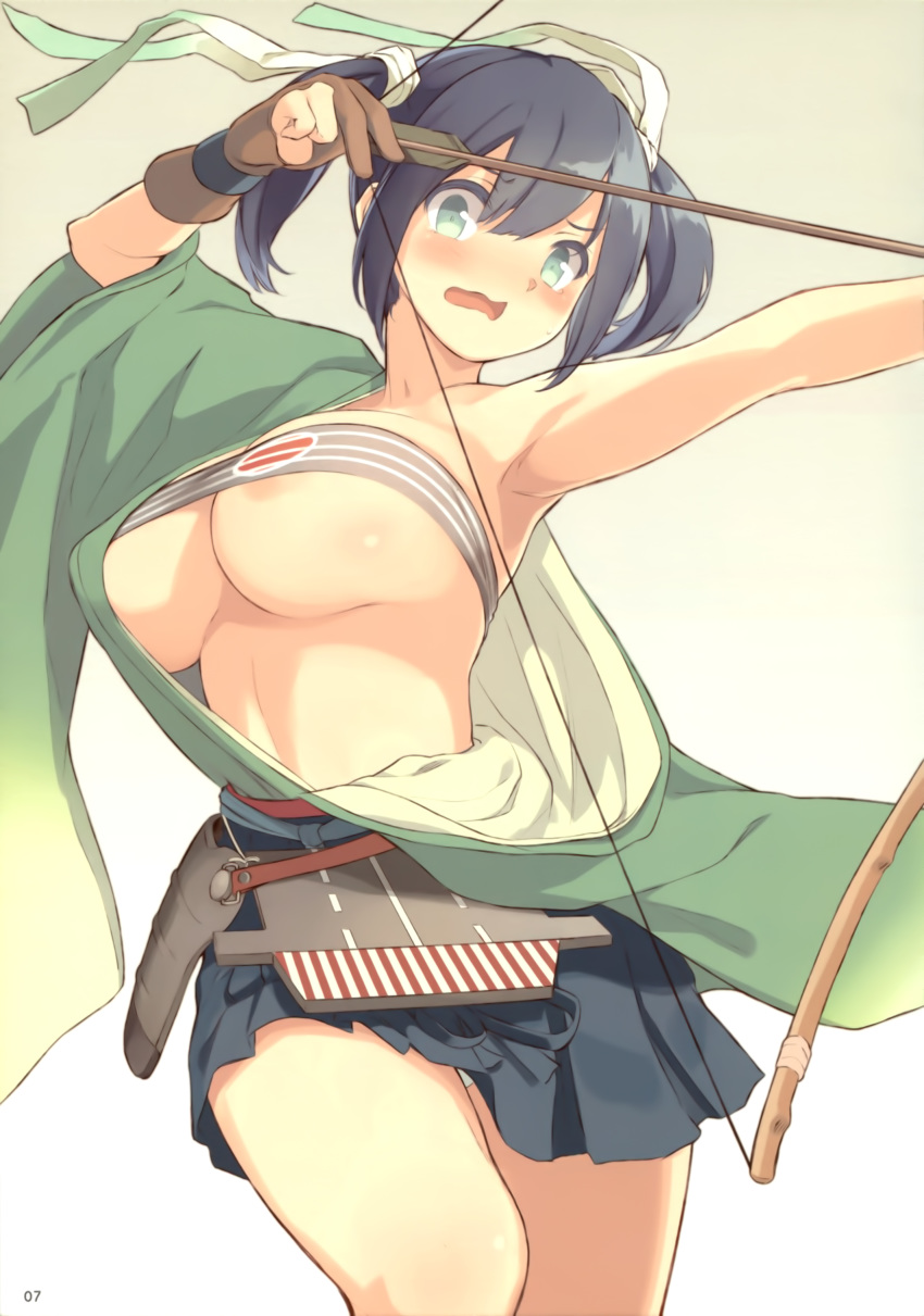 1girl absurdres armpits bandeau blue_hair blush bow_(weapon) breasts cleavage green_eyes hakama_skirt highres kantai_collection large_breasts off_shoulder open_mouth page_number panties scan simple_background skirt solo souryuu_(kantai_collection) supertie twintails underboob underwear wardrobe_malfunction weapon white_panties