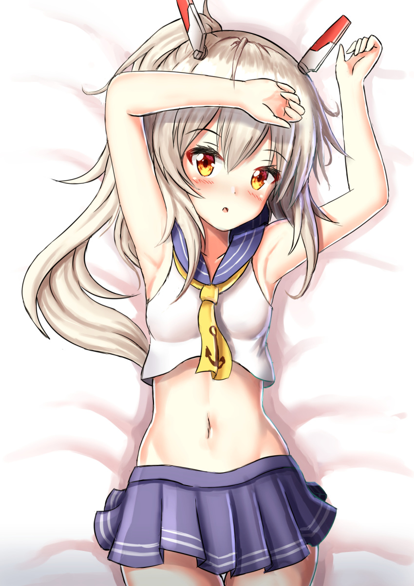 1girl :o anchor_symbol arlly_radithia armpits arms_up ayanami_(azur_lane) azur_lane bangs bare_arms bare_shoulders bed_sheet blue_sailor_collar blue_sky blush commentary_request cowboy_shot eyebrows_visible_through_hair grey_hair hair_between_eyes headgear high_ponytail highres long_hair lying midriff navel on_back parted_lips pleated_skirt ponytail red_eyes sailor_collar shirt skirt sky sleeveless sleeveless_shirt solo thigh_gap very_long_hair white_shirt yellow_neckwear