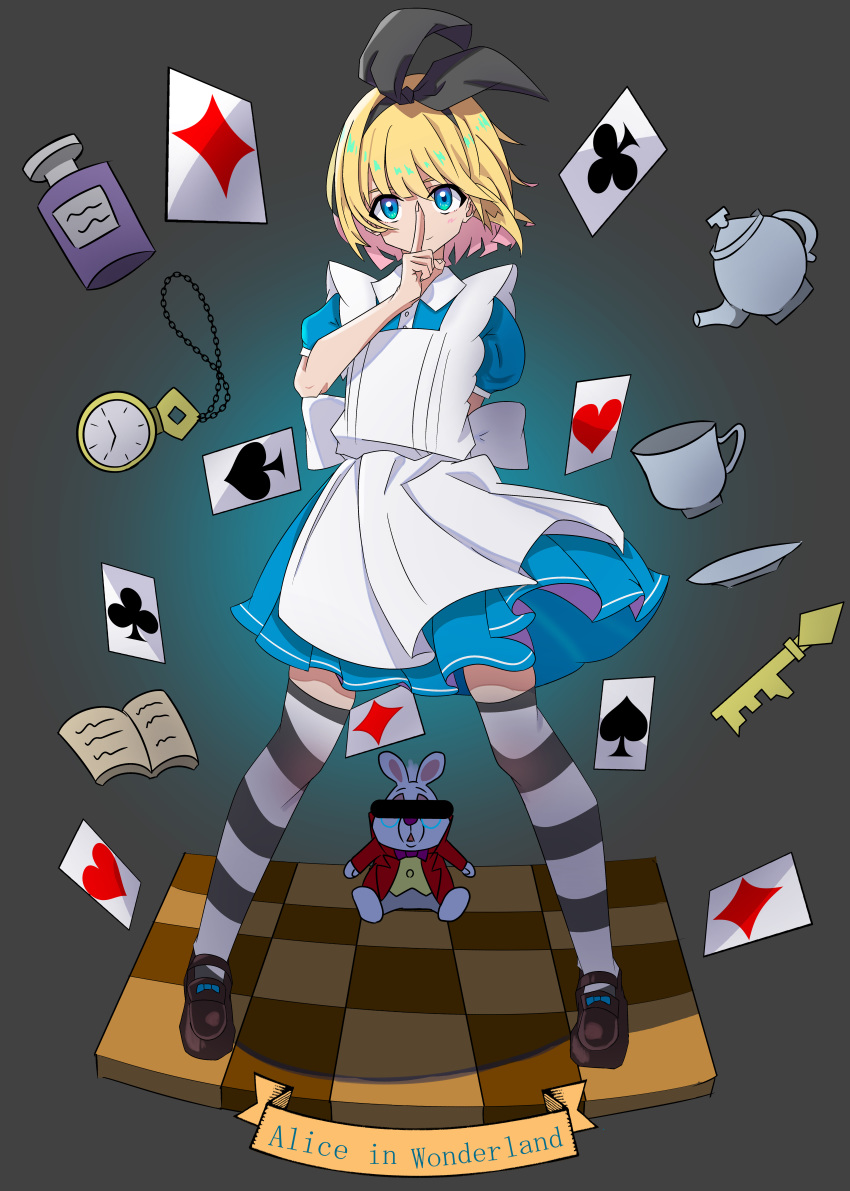 1girl absurdres alice_(wonderland) alice_in_wonderland apron arm_behind_back bar_censor black_background black_footwear black_legwear black_ribbon blonde_hair blue_dress blue_eyes book bow card censored character_name checkered checkered_floor club_(shape) collared_dress commentary cup diamond_(shape) dress english_commentary english_text finger_to_mouth hair_ribbon heart highres key large_bow looking_at_viewer manami_tomo mary_janes medium_dress playing_card pocket_watch puffy_short_sleeves puffy_sleeves ribbon saucer shoes short_hair short_sleeves shushing spade_(shape) standing striped striped_legwear teacup teapot thighhighs watch white_apron white_rabbit wind zettai_ryouiki