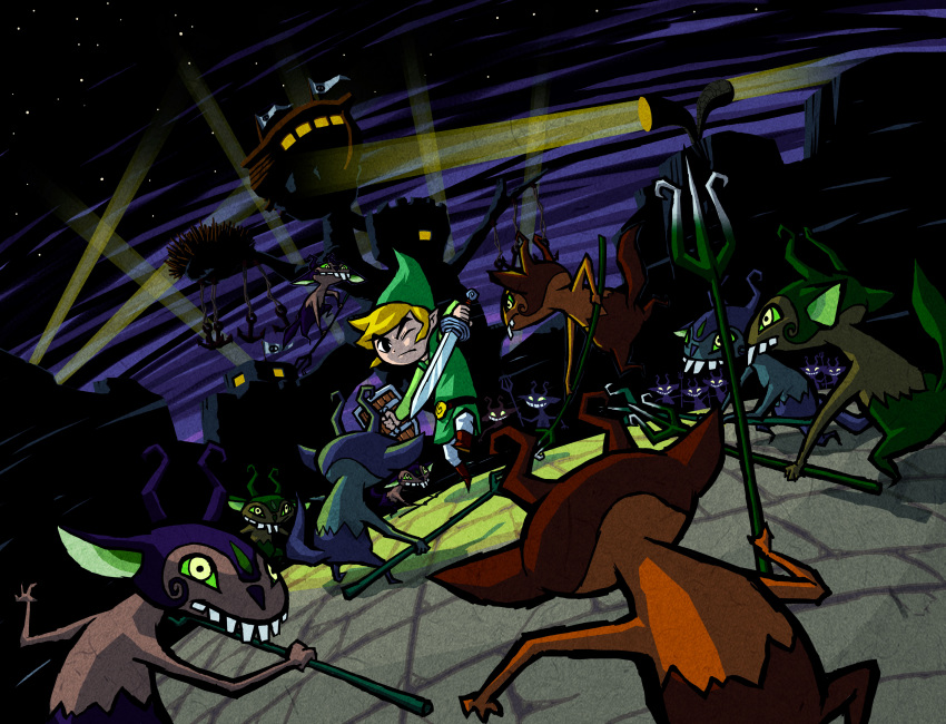 black_eyes blonde_hair clothed clothing eyebrows hair hat holding holding_shield holding_sword holding_weapon horde link miniblin nest night nintendo official_art one_eye_closed pitchfork searchlight shield shoes spear sword teeth the_legend_of_zelda the_legend_of_zelda:_the_wind_waker the_wind_waker toon_link tower tunic weapon