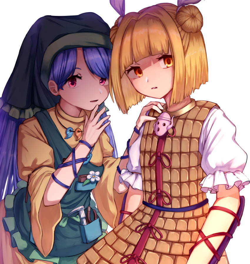 2girls apron arm_ribbon arm_up armor arms_at_sides arms_up bangs blonde_hair blue_hair blunt_bangs bob_cut caliper commentary_request double_bun dress flower green_headwear hair_ribbon hand_on_another's_shoulder hand_on_own_chin haniwa_(statue) haniyasushin_keiki head_tilt highres hood joutouguu_mayumi long_hair long_sleeves looking_at_viewer magatama magatama_necklace mozuno_(mozya_7) multiple_girls orange_eyes parted_bangs parted_lips pink_eyes puffy_short_sleeves puffy_sleeves ribbon shirt short_hair short_sleeves simple_background tools touhou upper_body vambraces very_long_hair white_background white_shirt yellow_dress