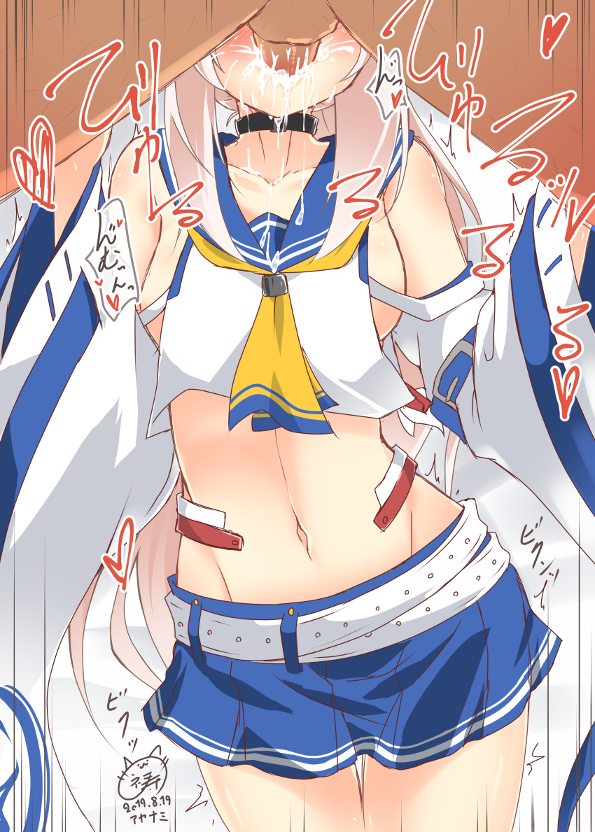 1girl absurdres ayanami_(azur_lane) azur_lane belt blush breasts collar collarbone cum cum_in_mouth detached_sleeves fellatio groin highres inori_(xyz5568) medium_breasts midriff motion_lines navel oral penis simple_background solo_focus white_background