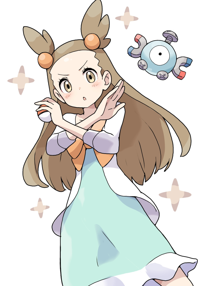 1girl blush brown_eyes brown_hair crossed_arms ddak5843 dress forehead gen_1_pokemon green_dress gym_leader hair_bobbles hair_ornament highres holding holding_poke_ball jacket long_hair long_sleeves looking_at_viewer magnemite mikan_(pokemon) open_clothes open_jacket parted_lips poke_ball poke_ball_(generic) pokemon pokemon_(creature) pokemon_(game) pokemon_hgss simple_background two_side_up v-shaped_eyebrows very_long_hair white_background white_jacket