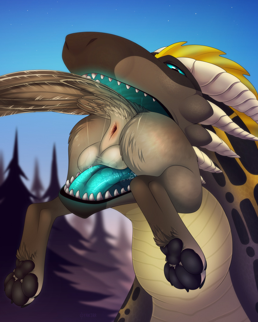 ambiguous_gender anus balls black_pawpads blue_eyes detailed_background dragon fur furred_dragon hi_res horn male male/ambiguous open_mouth outside pawpads scales sergeantyakirr sky star starry_sky teeth tongue vore