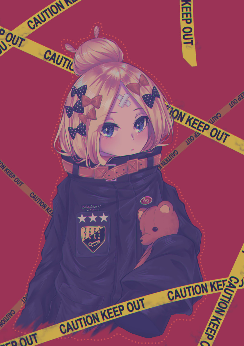 1girl abigail_williams_(fate/grand_order) bangs black_bow black_jacket blonde_hair blue_eyes blush bow caution_tape character_name closed_mouth commentary_request cropped_torso crossed_bandaids eyebrows_visible_through_hair fate/grand_order fate_(series) hair_bow hair_bun heroic_spirit_traveling_outfit highres hikeru_(hikerumin) jacket keep_out key long_hair long_sleeves looking_at_viewer object_hug orange_bow parted_bangs polka_dot polka_dot_bow red_background simple_background sleeves_past_fingers sleeves_past_wrists solo star stuffed_animal stuffed_toy teddy_bear