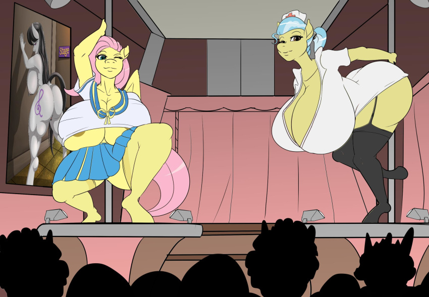 anthro areola areola_slip barely_visible_genitalia barely_visible_pussy big_breasts big_butt bottomwear breasts butt cleavage clothed clothing dancing doctor_fauna_(mlp) equid equine female fluttershy_(mlp) friendship_is_magic garter_straps hi_res huge_breasts hyper hyper_breasts mammal my_little_pony nude octavia_(mlp) pole pole_dancing pterippus public pussy school_uniform skirt skyearts swiftriff uniform wings
