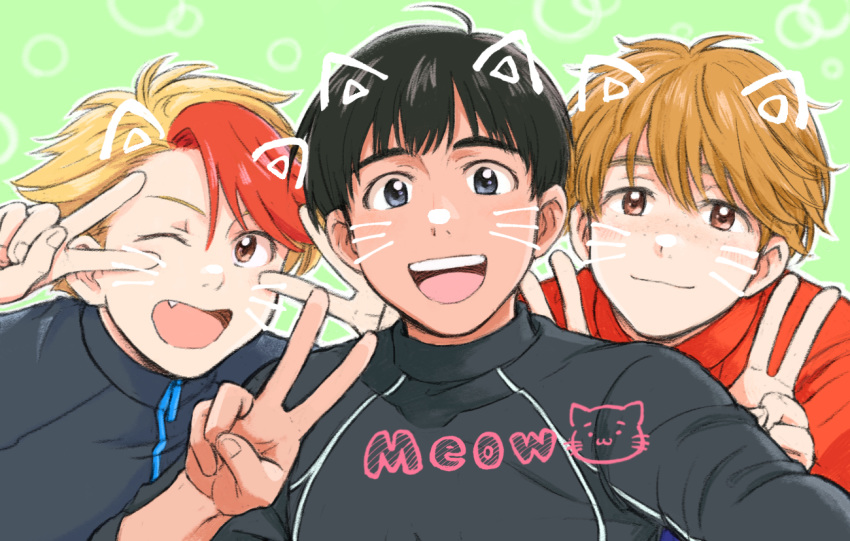3boys :d ;d animal_ears black_hair blonde_hair brown_eyes brown_hair cat_ears double_v english_text fang freckles grey_eyes jacket ji_guang-hong male_focus minami_kenjirou multicolored_hair multiple_boys one_eye_closed open_mouth phichit_chulanont red_hair self_shot smile takeshi_(mononohu20) track_jacket two-tone_hair upper_body v v_over_eye whiskers yuri!!!_on_ice