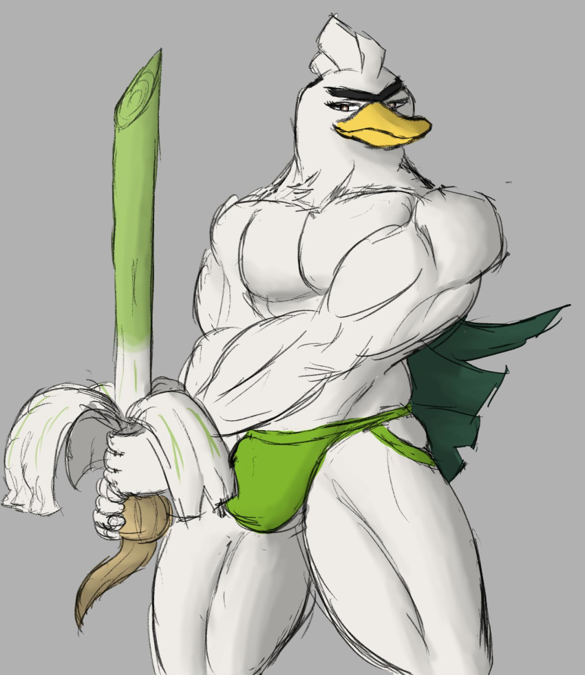 2019 4_fingers anthro anthrofied avian beak biceps big_bulge big_muscles biped bird brown_eyes bulge clothed clothing daikuhiroshiama digital_drawing_(artwork) digital_media_(artwork) eyebrows eyelashes feather_tuft feathers fingers food front_view full-length_portrait green_clothing green_underwear grey_background grey_theme half-length_portrait head_tuft hi_res holding_food holding_object improvised_weapon jockstrap leek male muscular muscular_male muscular_thighs nintendo onion pecs plant pok&eacute;mon pok&eacute;mon_(species) pok&eacute;morph portrait pose shield simple_background sirfetch'd smile smirk smug solo standing topless triceps tuft underwear unibrow vegetable video_games white_feathers yellow_beak