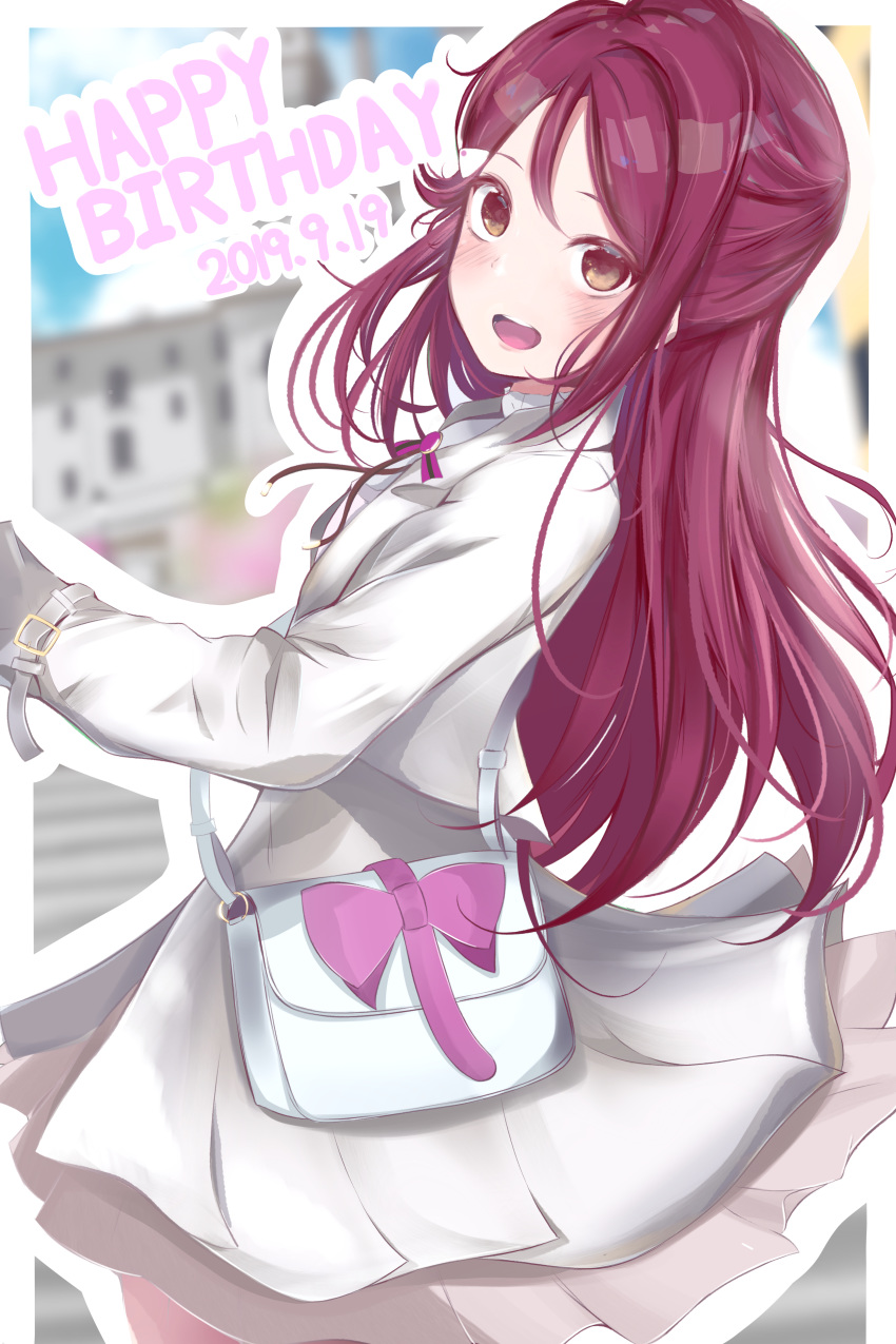 1girl 2019 absurdres bag bangs birthday commentary_request dated english_text hair_ornament half_updo happy_birthday highres huge_filesize jacket jewelry long_hair love_live! love_live!_sunshine!! necklace pink_ribbon prelude_ls red_hair revision ribbon sakurauchi_riko shoulder_bag sidelocks solo stairs yellow_eyes