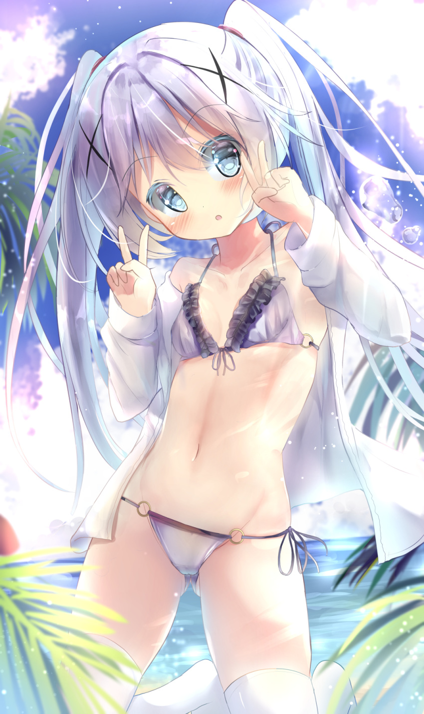 bikini cleavage gochuumon_wa_usagi_desu_ka? kafuu_chino open_shirt swimsuits thighhighs yonjyuugo