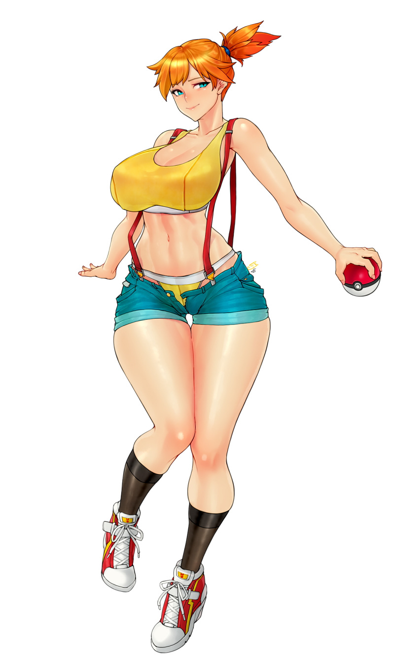 1girl alternate_breast_size black_legwear blue_eyes breasts cleavage full_body highres holding holding_poke_ball huge_breasts kasumi_(pokemon) knees_together_feet_apart long_legs medium_hair navel one_side_up open_fly orange_hair poke_ball poke_ball_(generic) pokemon pokemon_(anime) red_footwear shoes short_shorts shorts sneakers socks solo standing suspender_shorts suspenders swimsuit tankini thick_thighs thigh_gap thighs white_background wide_hips yellow_swimsuit zcune