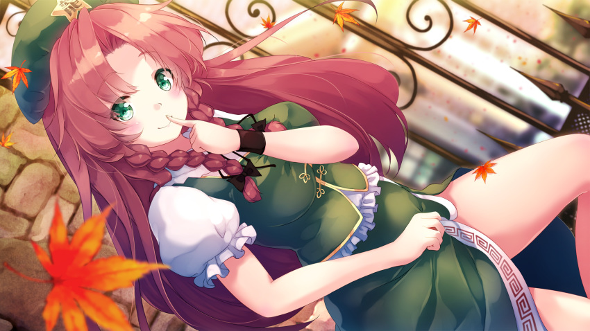 1girl autumn_leaves bangs beret black_bow blush bow braid breasts commentary_request cowboy_shot dutch_angle eyebrows_visible_through_hair finger_to_mouth frills gengetsu_chihiro green_eyes green_headwear green_skirt green_vest hair_bow hand_up hat highres hong_meiling index_finger_raised long_hair looking_at_viewer medium_breasts outdoors puffy_short_sleeves puffy_sleeves red_hair shirt short_sleeves side_slit skirt skirt_set smile solo standing star thighs touhou twin_braids vest white_shirt
