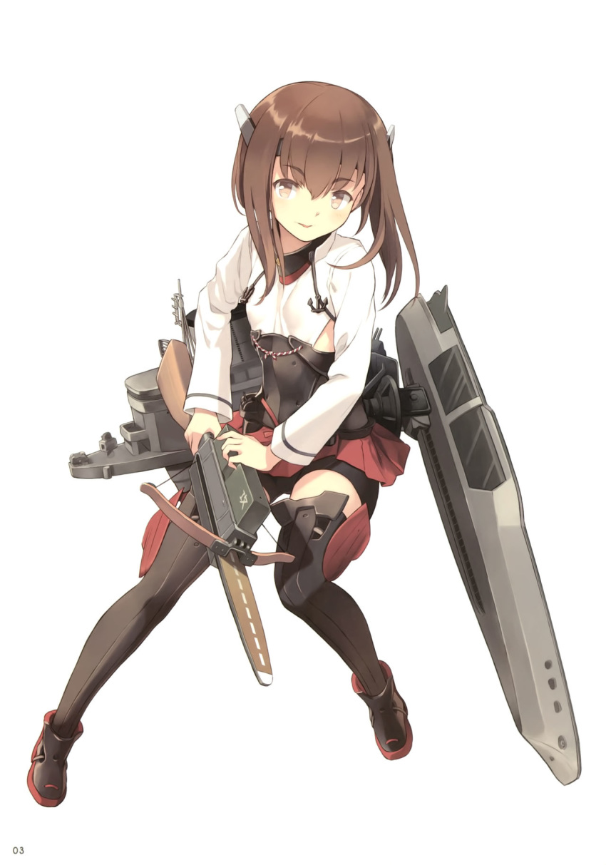 1girl anchor armored_boots bike_shorts blush boots bow_(weapon) brown_eyes brown_hair closed_mouth crossbow eyebrows_visible_through_hair flat_chest hair_between_eyes headband headgear highres kantai_collection long_sleeves looking_at_viewer machinery pleated_skirt scan short_hair simple_background skirt solo supertie taihou_(kantai_collection) thighhighs weapon white_background