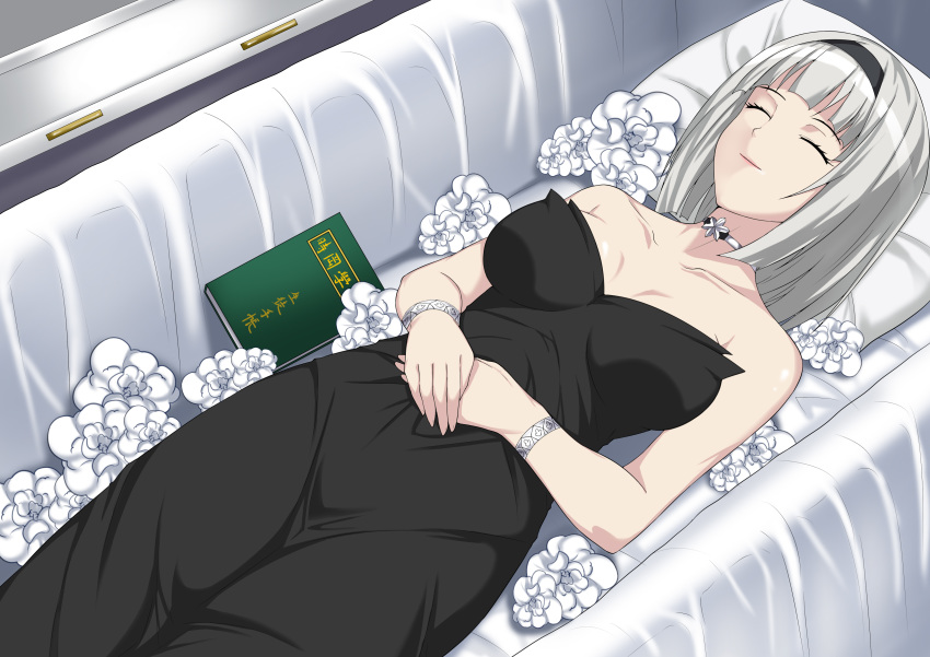 1girl absurdres anna_nishikinomiya black_dress book bracelet breasts choker closed_eyes coffin corpse dress flower funeral funeral_dress hairband highres jewelry large_breasts lazy_tiger matsuki_miyu seiyuu_connection shimoneta_to_iu_gainen_ga_sonzai_shinai_taikutsu_na_sekai short_hair silver_hair smile solo