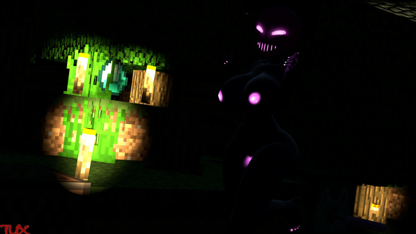 2019 3d_(artwork) anthro big_breasts bioluminescence breasts creepy diamond_(disambiguation) digital_media_(artwork) enderman female glowing hi_res mammal minecraft nude open_mouth pussy smile solo source_filmmaker teeth torch tuxedomobster_(artist) video_games